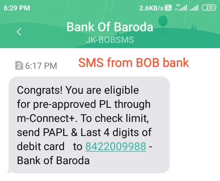 BOB pre-approved loan sms